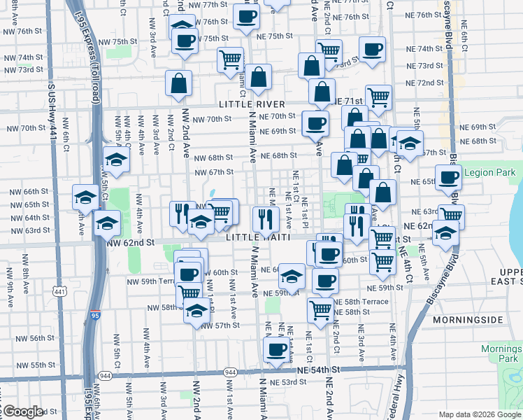 map of restaurants, bars, coffee shops, grocery stores, and more near 6355 North Miami Avenue in Miami