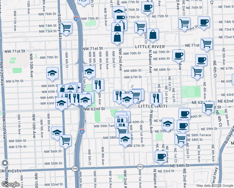 map of restaurants, bars, coffee shops, grocery stores, and more near in Miami