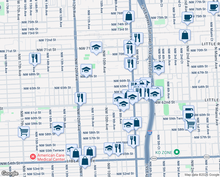map of restaurants, bars, coffee shops, grocery stores, and more near 943 Northwest 65th Street in Miami