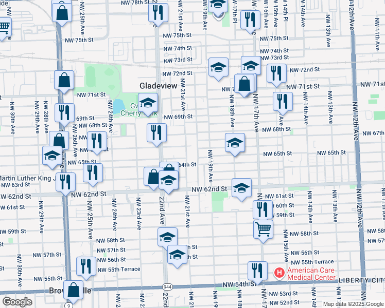 map of restaurants, bars, coffee shops, grocery stores, and more near 8 Northwest 21st Avenue in Miami