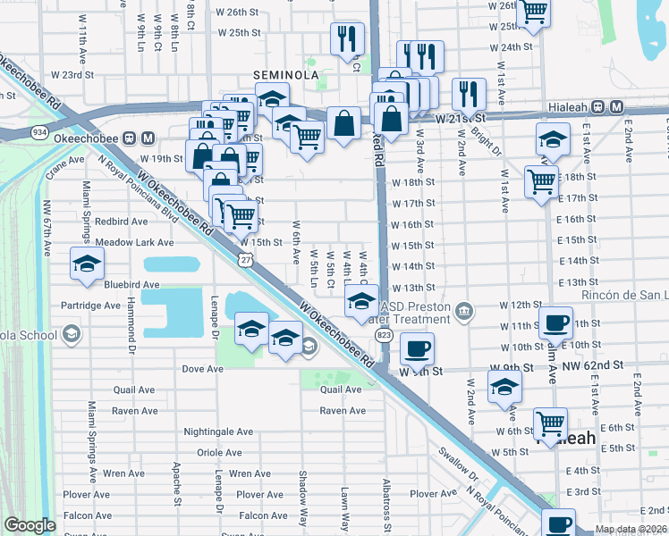 map of restaurants, bars, coffee shops, grocery stores, and more near 1425 West 5th Court in Hialeah