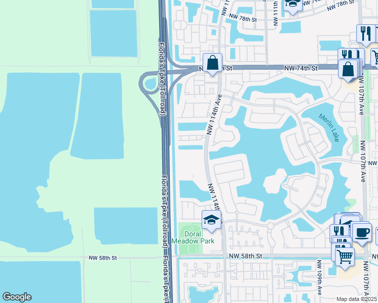 map of restaurants, bars, coffee shops, grocery stores, and more near 11550 Northwest 67th Terrace in Doral