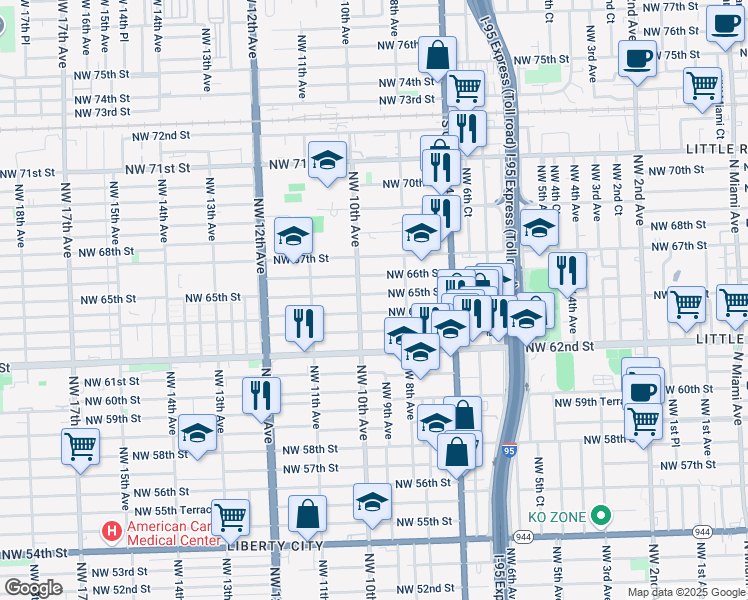 map of restaurants, bars, coffee shops, grocery stores, and more near 943 Northwest 65th Street in Miami