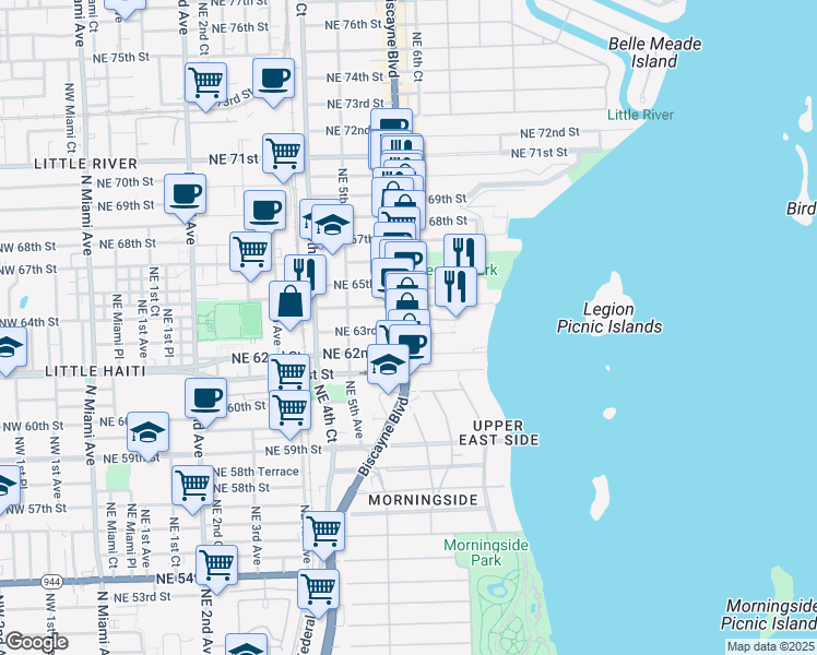 map of restaurants, bars, coffee shops, grocery stores, and more near in Miami