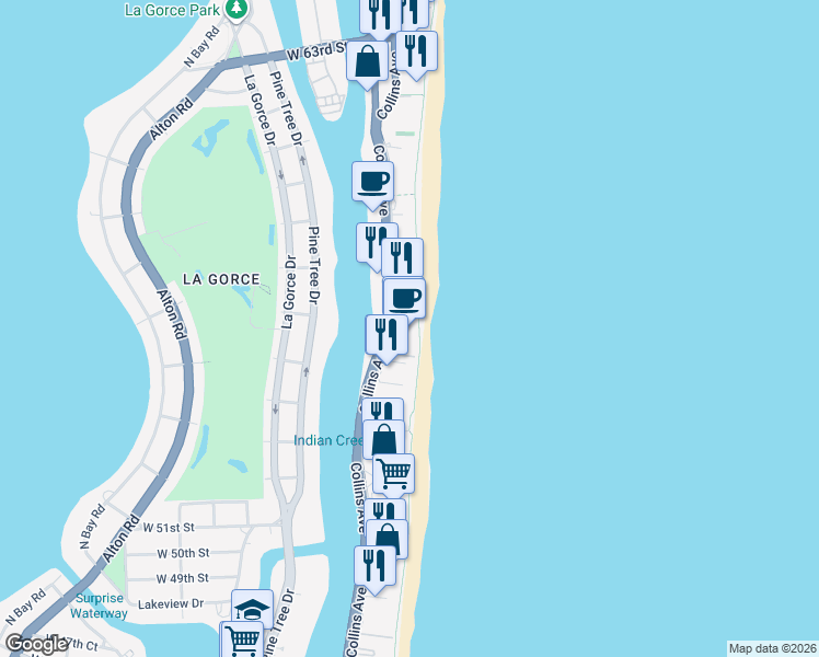 map of restaurants, bars, coffee shops, grocery stores, and more near 3445 Collins Avenue in Miami Beach