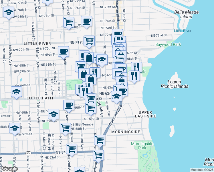 map of restaurants, bars, coffee shops, grocery stores, and more near 541 Northeast 63rd Street in Miami