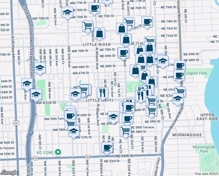 map of restaurants, bars, coffee shops, grocery stores, and more near 6392 Northeast 1st Avenue in Miami