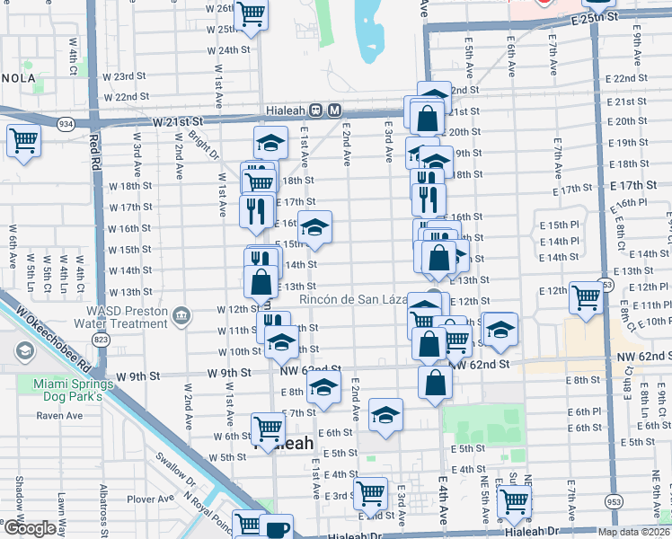 map of restaurants, bars, coffee shops, grocery stores, and more near 158 East 14th Street in Hialeah