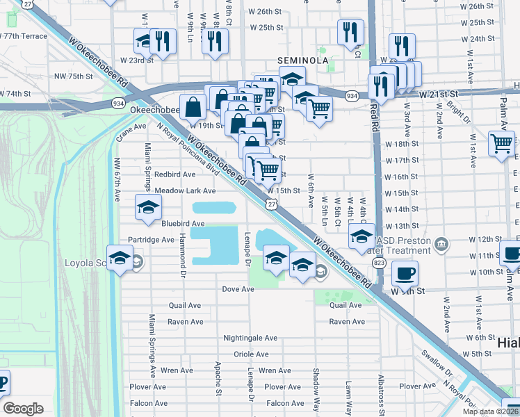map of restaurants, bars, coffee shops, grocery stores, and more near 1401 West Okeechobee Road in Hialeah