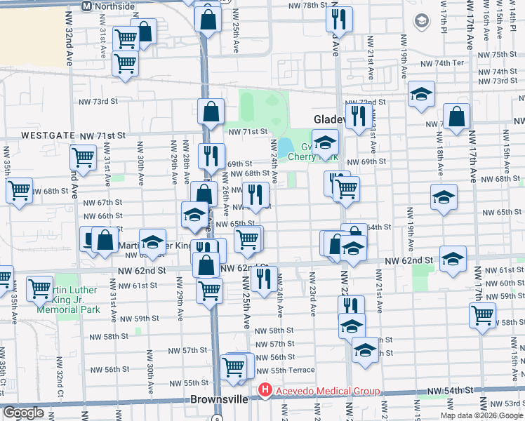 map of restaurants, bars, coffee shops, grocery stores, and more near 2461 Northwest 65th Street in Miami