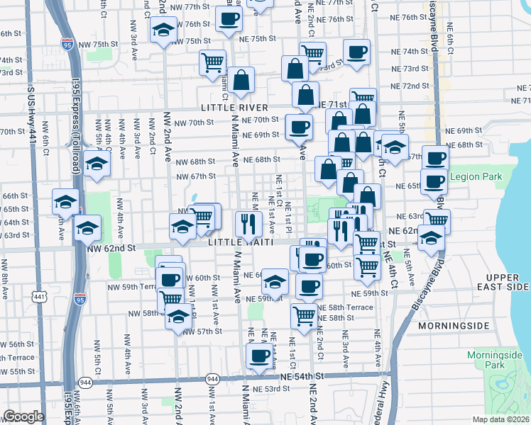map of restaurants, bars, coffee shops, grocery stores, and more near 6392 Northeast 1st Avenue in Miami