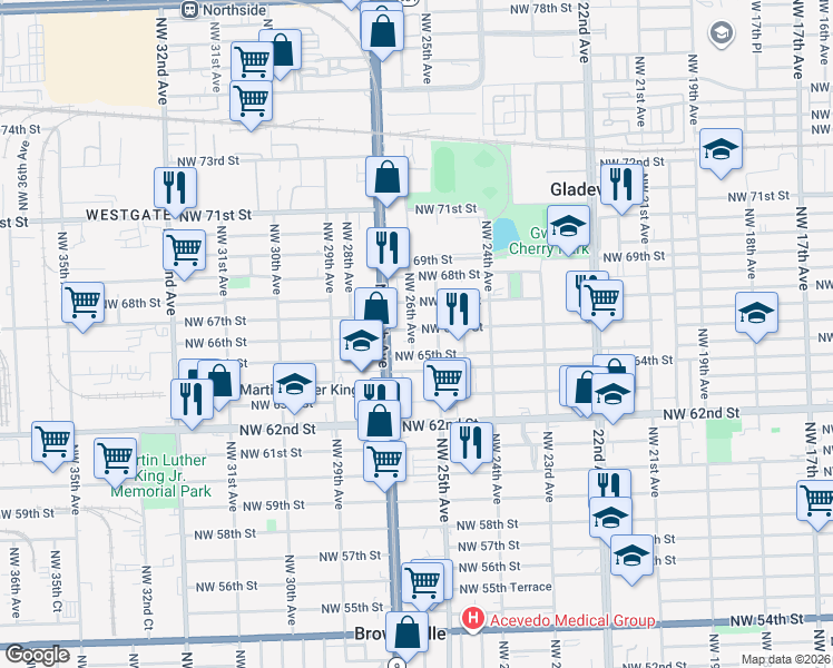 map of restaurants, bars, coffee shops, grocery stores, and more near 2513 Northwest 66th Street in Miami