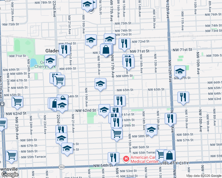 map of restaurants, bars, coffee shops, grocery stores, and more near 1717 Northwest 65th Street in Miami