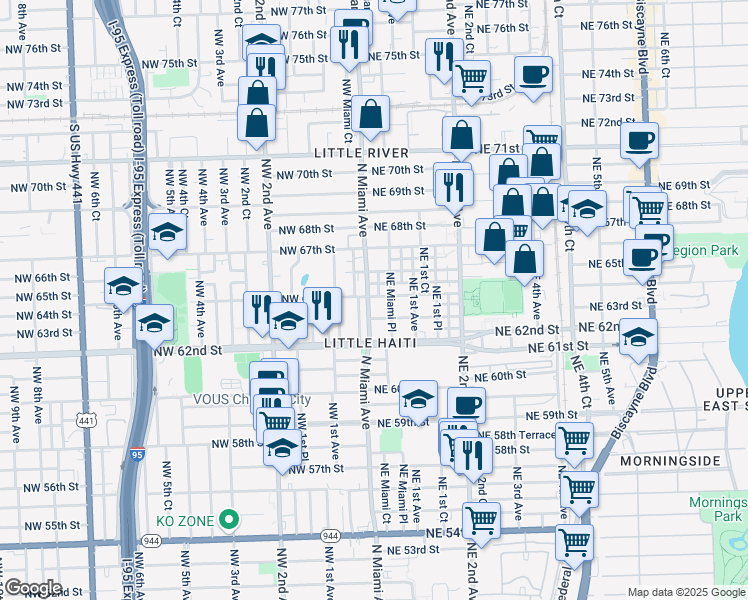 map of restaurants, bars, coffee shops, grocery stores, and more near 6355 North Miami Avenue in Miami