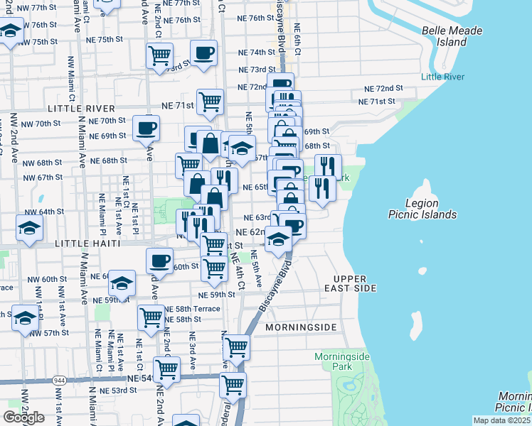 map of restaurants, bars, coffee shops, grocery stores, and more near 541 Northeast 63rd Street in Miami