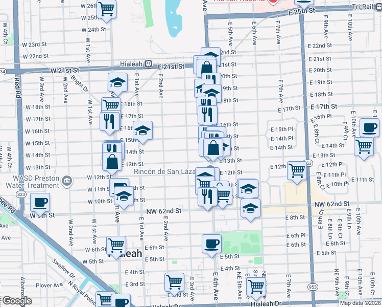 map of restaurants, bars, coffee shops, grocery stores, and more near 308 East 14th Street in Hialeah