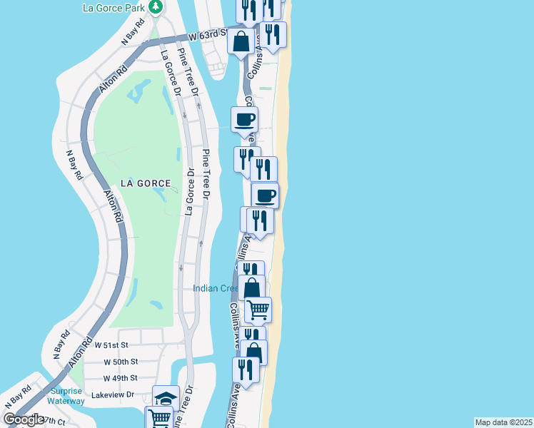 map of restaurants, bars, coffee shops, grocery stores, and more near 5445 Collins Avenue in Miami