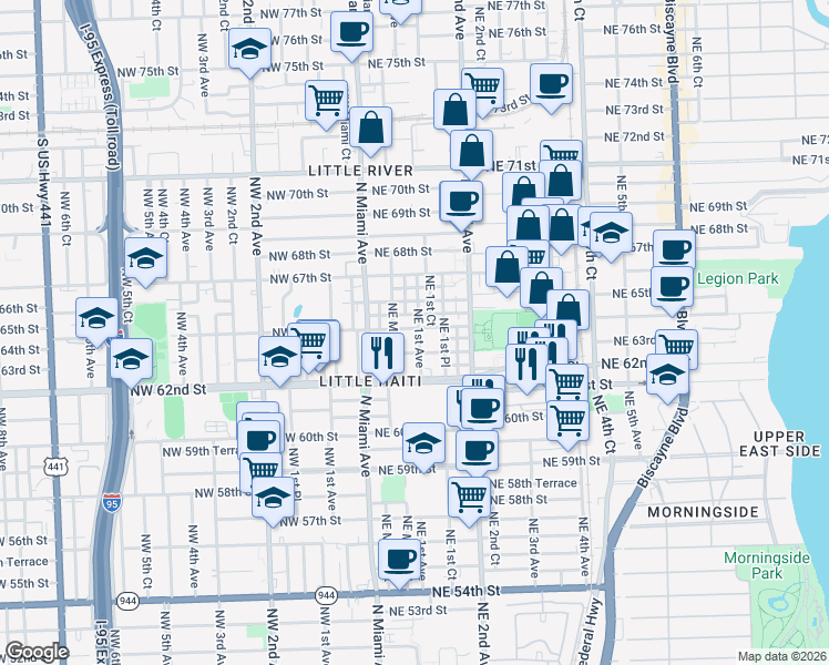 map of restaurants, bars, coffee shops, grocery stores, and more near 6392 Northeast 1st Avenue in Miami