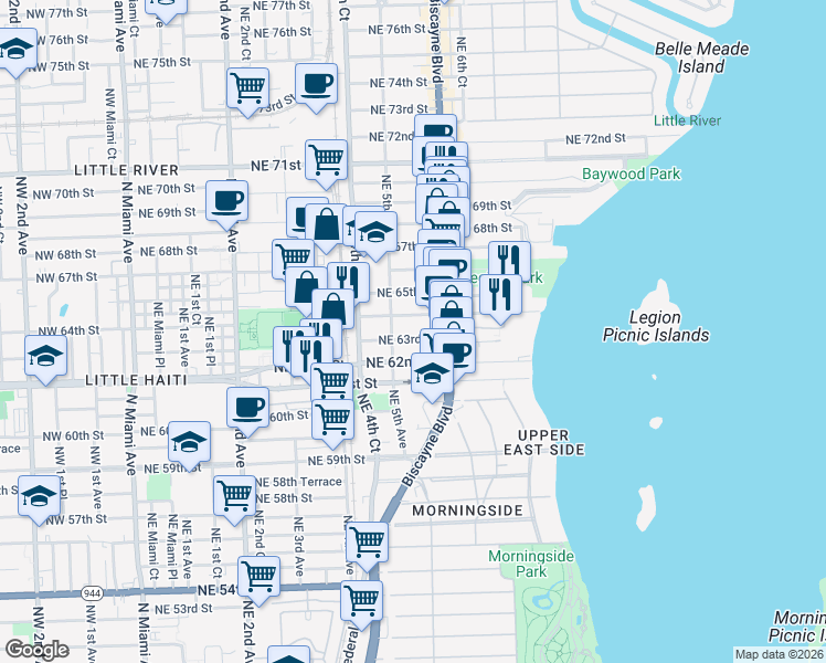 map of restaurants, bars, coffee shops, grocery stores, and more near 541 Northeast 63rd Street in Miami