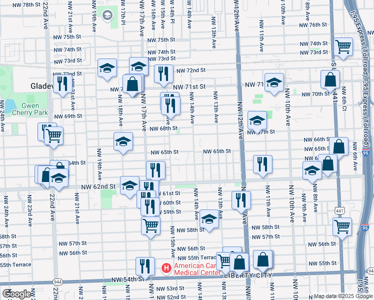 map of restaurants, bars, coffee shops, grocery stores, and more near 1407 Northwest 65th Street in Miami
