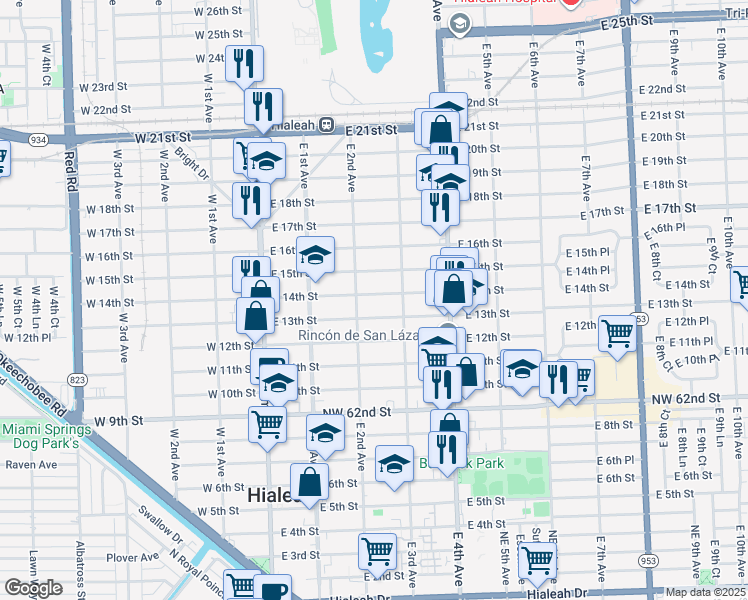 map of restaurants, bars, coffee shops, grocery stores, and more near 234 East 14th Street in Hialeah