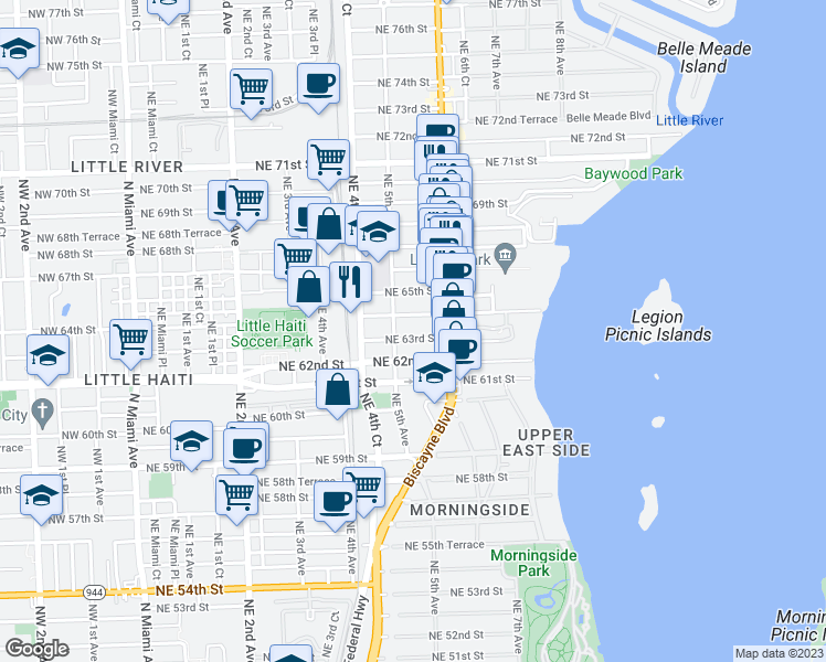map of restaurants, bars, coffee shops, grocery stores, and more near 541 Northeast 63rd Street in Miami