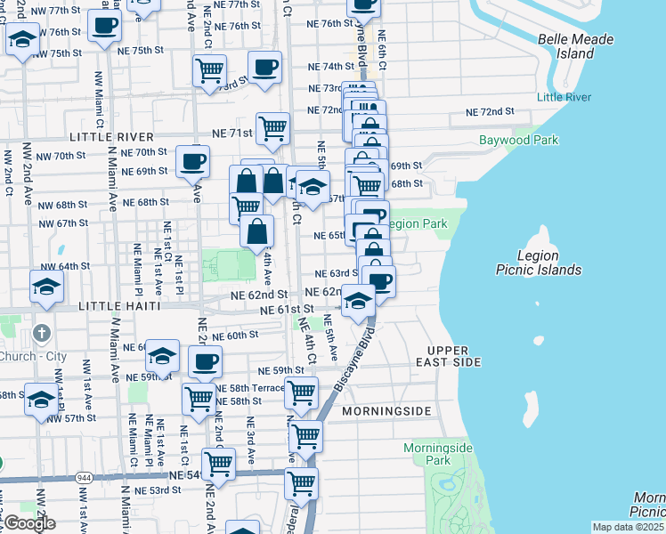 map of restaurants, bars, coffee shops, grocery stores, and more near 541 Northeast 63rd Street in Miami