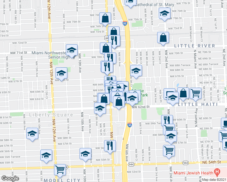 map of restaurants, bars, coffee shops, grocery stores, and more near 645 Northwest 64th Street in Miami