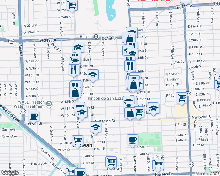 map of restaurants, bars, coffee shops, grocery stores, and more near 234 East 14th Street in Hialeah
