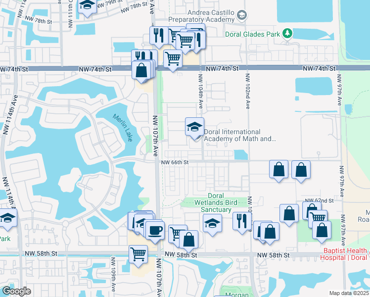 map of restaurants, bars, coffee shops, grocery stores, and more near 10444 NW 67th St in Doral