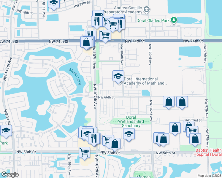 map of restaurants, bars, coffee shops, grocery stores, and more near 10560 Northwest 67th Terrace in Doral
