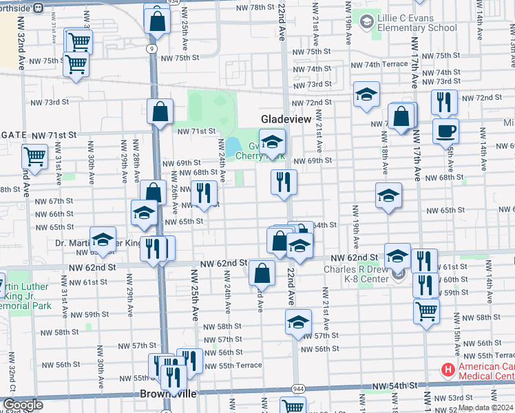 map of restaurants, bars, coffee shops, grocery stores, and more near 6545 Northwest 23rd Avenue in Miami