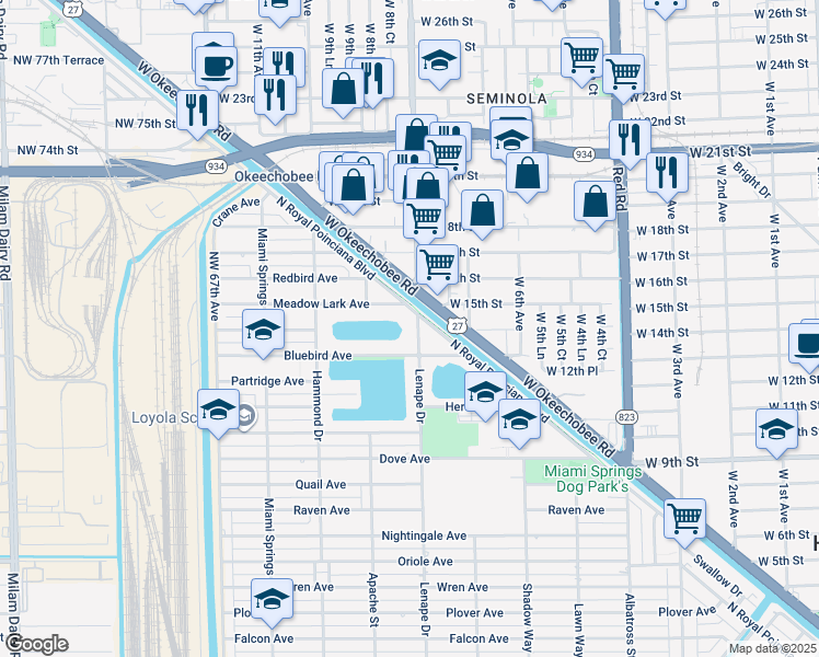 map of restaurants, bars, coffee shops, grocery stores, and more near 1650 Lenape Drive in Miami Springs