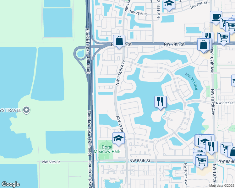map of restaurants, bars, coffee shops, grocery stores, and more near 11388 Northwest 68th Street in Doral