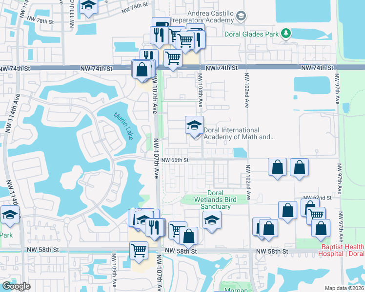 map of restaurants, bars, coffee shops, grocery stores, and more near 10560 Northwest 67th Terrace in Doral
