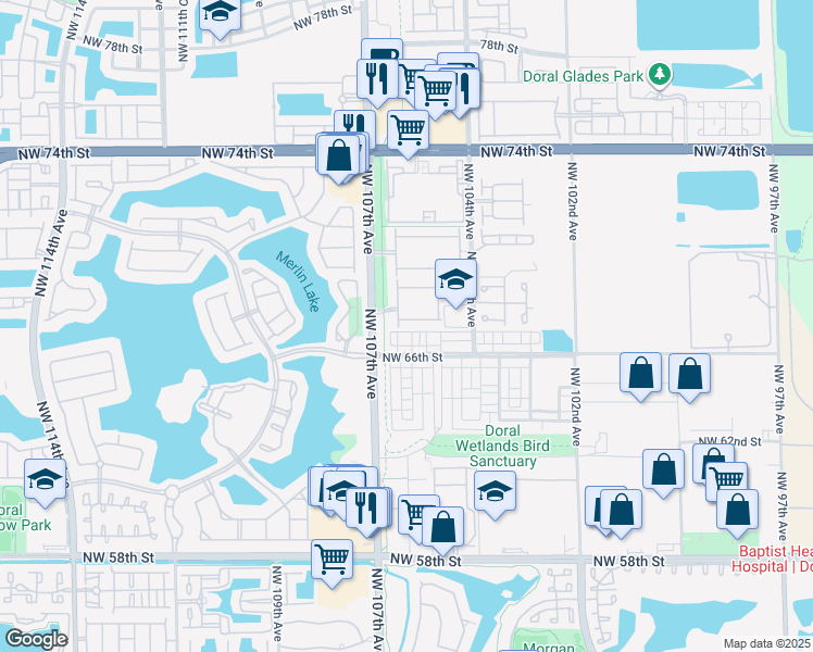 map of restaurants, bars, coffee shops, grocery stores, and more near 10560 Northwest 67th Terrace in Doral