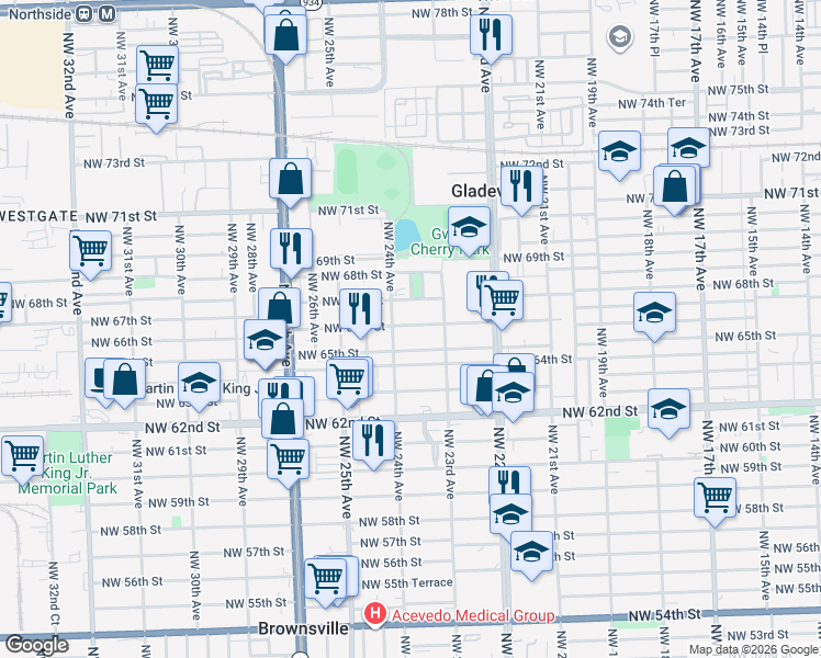 map of restaurants, bars, coffee shops, grocery stores, and more near 2360 Northwest 66th Street in Miami