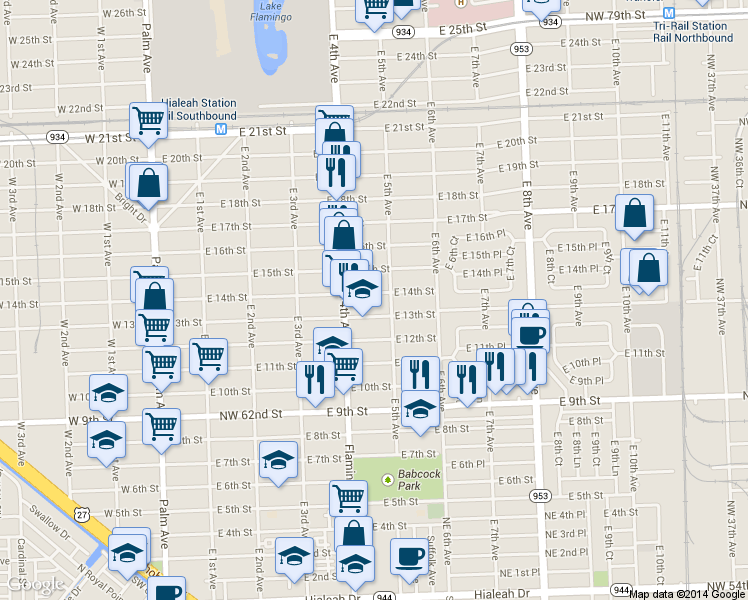 map of restaurants, bars, coffee shops, grocery stores, and more near 464 East 14th Street in Hialeah