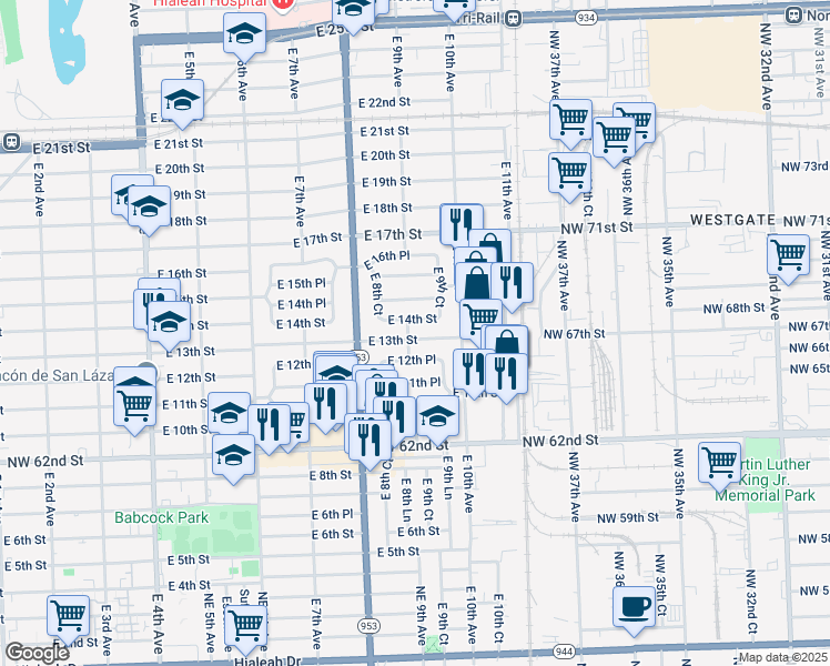 map of restaurants, bars, coffee shops, grocery stores, and more near 901 East 13th Street in Hialeah