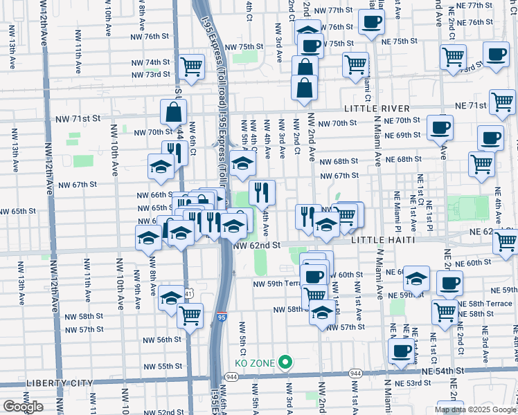 map of restaurants, bars, coffee shops, grocery stores, and more near 6405 Northwest 4th Avenue in Miami