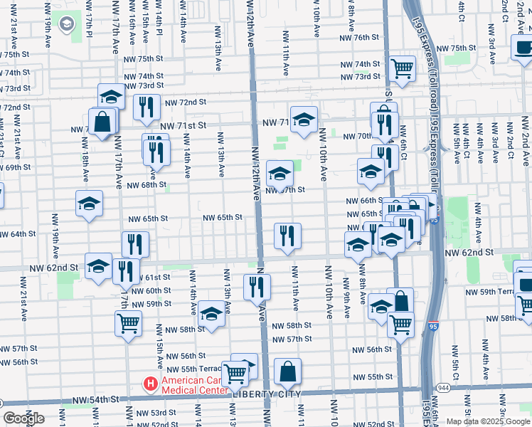 map of restaurants, bars, coffee shops, grocery stores, and more near 1201 Northwest 65th Street in Miami
