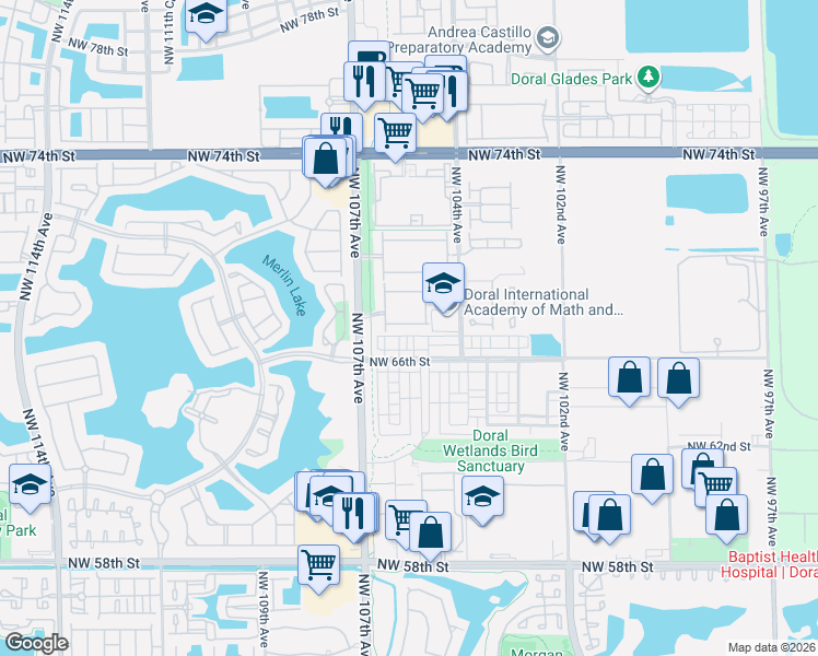 map of restaurants, bars, coffee shops, grocery stores, and more near 10560 Northwest 67th Terrace in Doral
