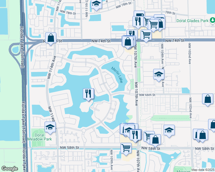 map of restaurants, bars, coffee shops, grocery stores, and more near 6740 Northwest 109th Court in Doral