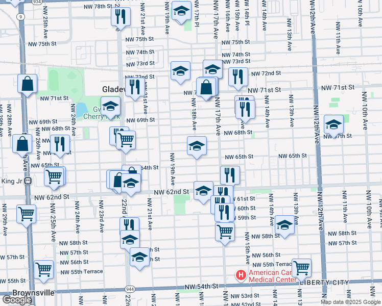 map of restaurants, bars, coffee shops, grocery stores, and more near 1812 Northwest 66th Street in Miami