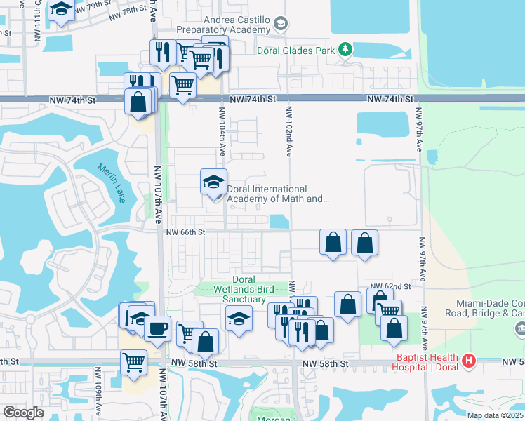 map of restaurants, bars, coffee shops, grocery stores, and more near 6735 Northwest 103rd Avenue in Doral