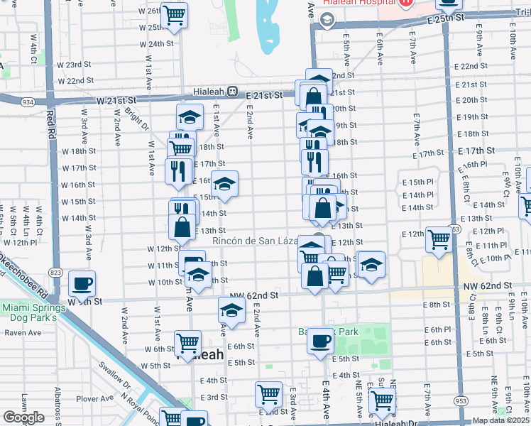 map of restaurants, bars, coffee shops, grocery stores, and more near 234 East 14th Street in Hialeah