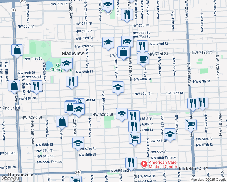 map of restaurants, bars, coffee shops, grocery stores, and more near 1812 Northwest 66th Street in Miami