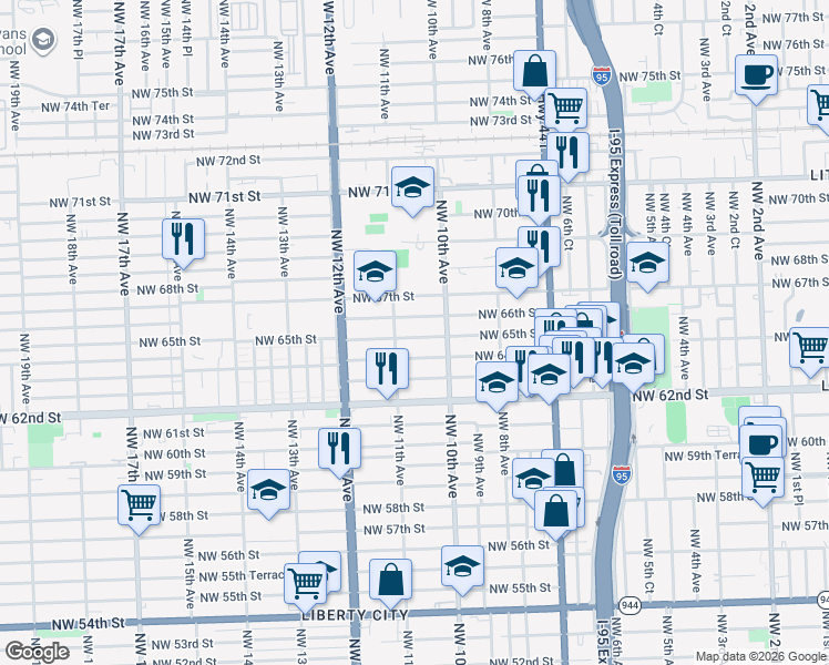 map of restaurants, bars, coffee shops, grocery stores, and more near 1059 Northwest 65th Street in Miami