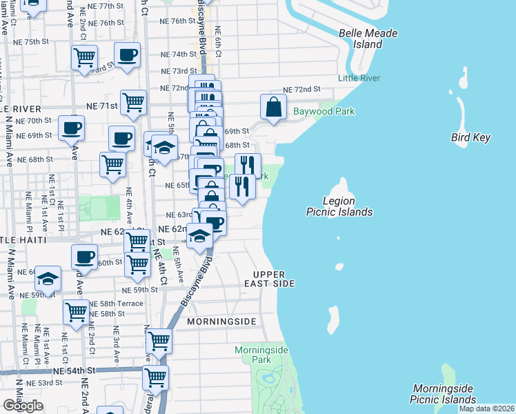 map of restaurants, bars, coffee shops, grocery stores, and more near 750 Northeast 64th Street in Miami