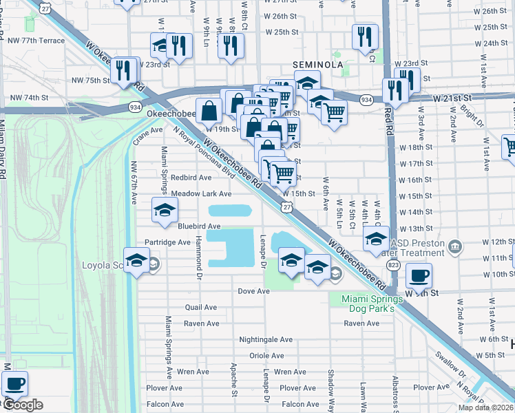 map of restaurants, bars, coffee shops, grocery stores, and more near 1650 Lenape Drive in Miami Springs